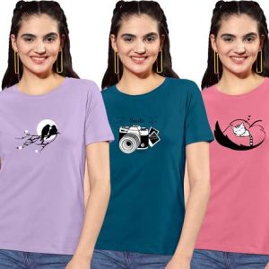 ZentWorld Pack of 3 Women Printed Round Neck Cotton Blend Multico...