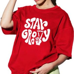 Leotude Women Printed Round Neck Cotton Blend Red T-Shirt