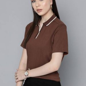 CHEMISTRY Women Solid Polo Neck Pure Cotton Brown T-Shirt