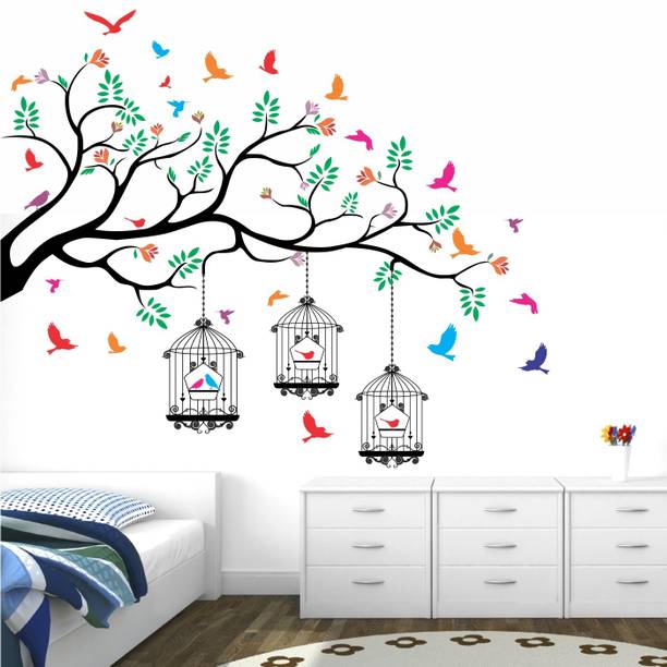 StickMe Nature Tree - Colorful - Birds - Cage - Wall St...