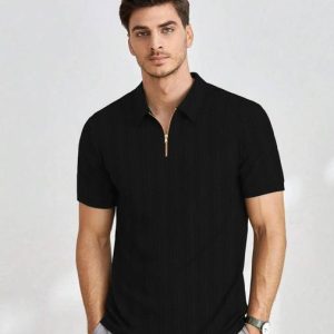 KAJARU Men Self Design Polo Neck Polyester Black T-Shirt