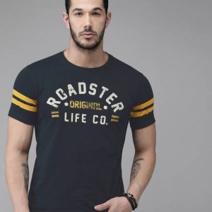 Roadster Men Printed Round Neck Pure Cotton Dark Blue T-Shirt