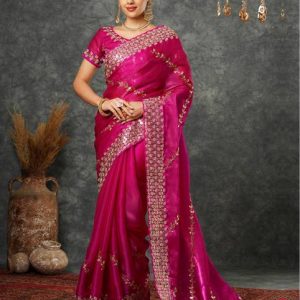 Satrani Embellished, Embroidered, Dyed Bollywood Tissue Saree