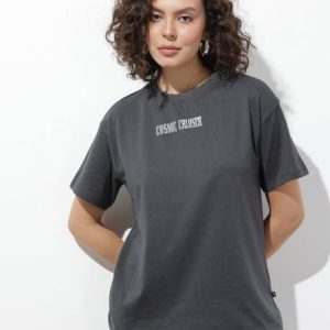 Roadster Women Printed Round Neck Pure Cotton Grey T-Shirt