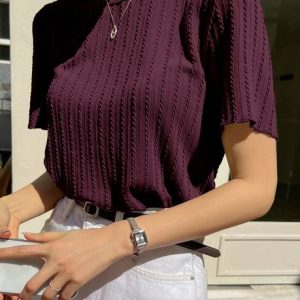 TEES HUB Women Self Design Round Neck Cotton Blend Maroon T-Shir...