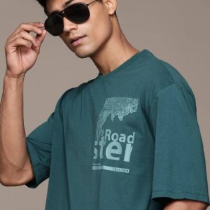 Roadster Men Printed Round Neck Cotton Blend Green T-Shirt