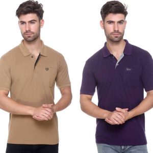 RYTONZ Pack of 2 Men Solid Polo Neck Polyester Purple, Brown T...