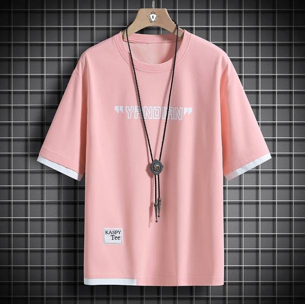 KASPY Men Printed Round Neck Polyester Pink T-Shirt
