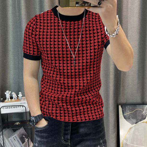 KAJARU Men Printed Round Neck Polyester Black, Red T-Shirt