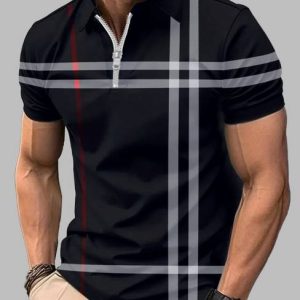 AUSK Men Striped Polo Neck Cotton Blend Black T-Shirt