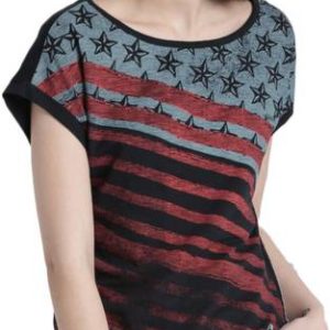 Roadster Women Printed Boat Neck Cotton Blend Red, Black T-Shirt