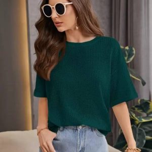Stockton Oversized Women Solid Round Neck Polycotton Green T-Shi...