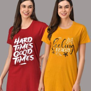 Christy World Pack of 2 Women Typography Round Neck Pure Cotton Red, ...