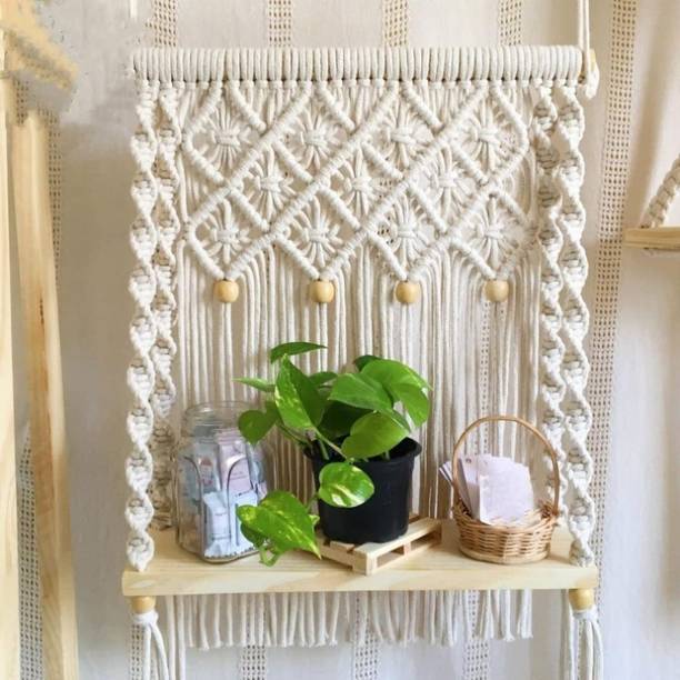 RAKANO Macramé Wooden Wall Hanging Shelf Modern Chic Wo...
