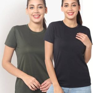 UNIFringe Women Solid Round Neck Polyester Multicolor T-Shirt