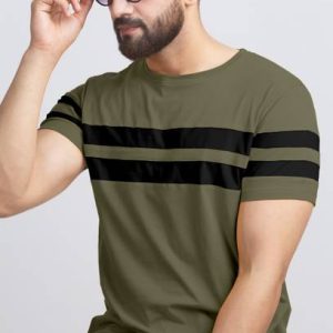 AUSK Men Striped Round Neck Cotton Blend Dark Green, Black T...