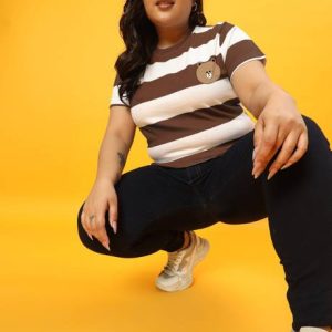 BEYOUND SIZE - THE DRY STATE Women Striped Round Neck Pure Cotton Brown, White T-Shi...