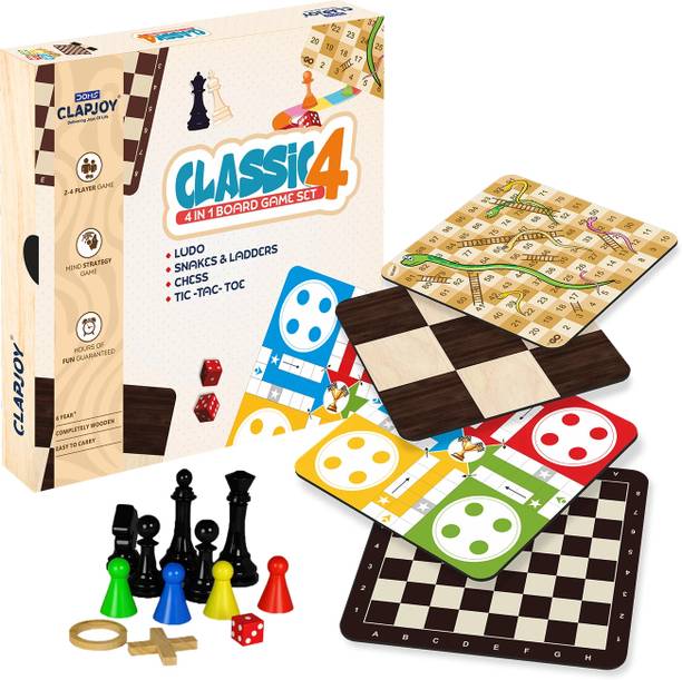 Clapjoy Wooden 4in1 for Kids & Adults|Ludo & Chess|Snak...