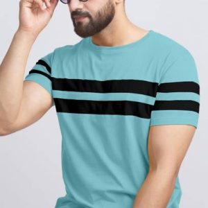 AUSK Men Striped Round Neck Cotton Blend Light Blue, Black T...