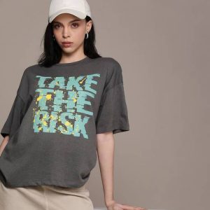 Roadster Women Printed Round Neck Cotton Blend Grey T-Shirt