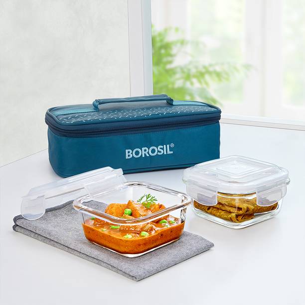 BOROSIL Teal Lunch Box with Bag, 2pc (320 ml x 2 Square...