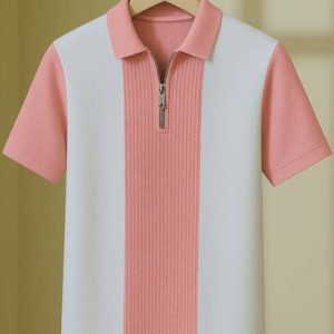 Try This Men Checkered Zip Neck Cotton Blend White, Pink T-Shirt
