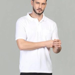 INKKR Men Solid Polo Neck Cotton Blend White T-Shirt