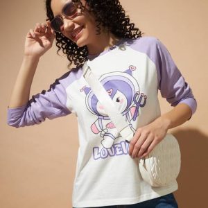 THE DRY STATE Women Solid Round Neck Pure Cotton Purple, White T-Shir...