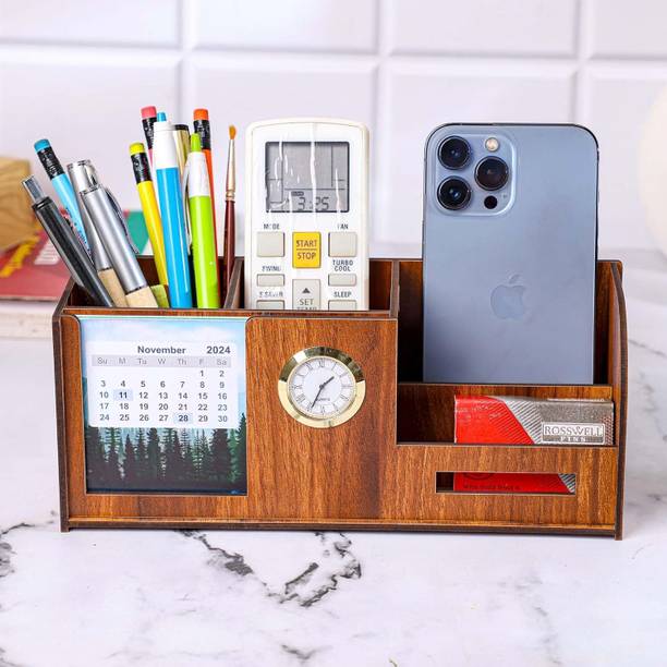 ASIMAGEMS 4 Compartments Pen Stand with Calender, Clock...