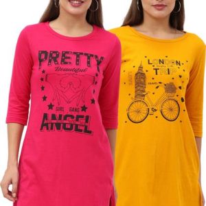 Fleximaa Pack of 2 Womens 3/4 Printed Long Tops Women Printed Ro...