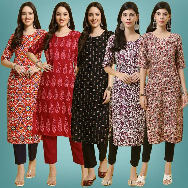 EthnicBasket Pack of 5 Women Printed Crepe Straight Kurta