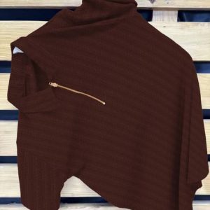 KAJARU Men Striped Zip Neck Polyester Brown T-Shirt