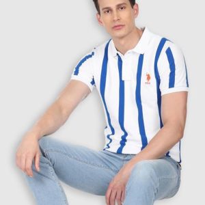 U.S. POLO ASSN. Men Striped Polo Neck Cotton Blend White, Blue T-Shirt