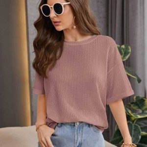 VDTREND Women Solid Round Neck Wool Blend Pink T-Shirt