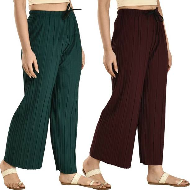 GLADLY Pack of 2 Women Relaxed Maroon, Green Lycra Blend Trous...