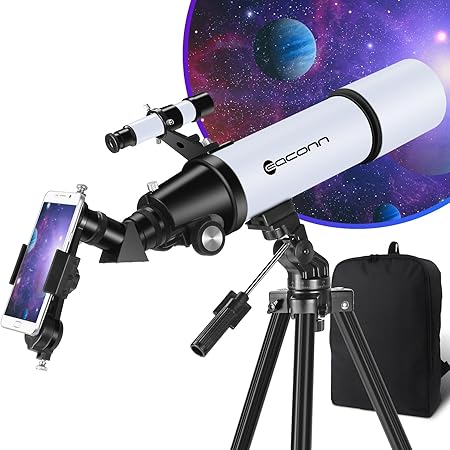 EACONN Telescope, 80 mm Aperture 600 mm Portable Travel Telescope for Beginners & Children, Black, with Tripod, Phone Adapter, Backpack