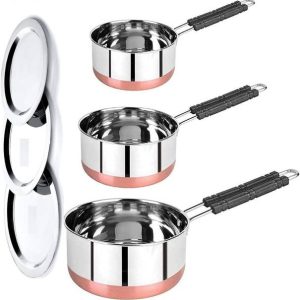 LIMETRO STEEL Set of 3 Flat Bottom Copper Base Saucepan...