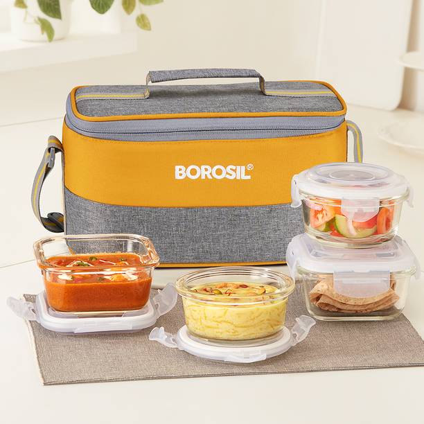 BOROSIL Zest Universal Borosilicate Glass Lunchbox, 4 p...