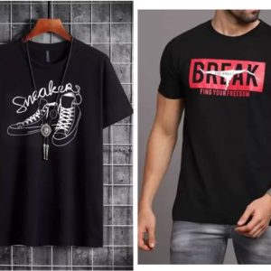 Jaqque Couple Printed Round Neck Polyester Black T-Shirt