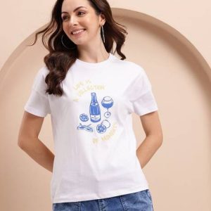 Mast & Harbour Women Printed Round Neck Pure Cotton White T-Shirt