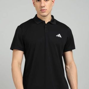 ADIDAS Men Solid Polo Neck Polyester Black T-Shirt
