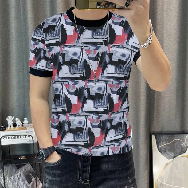 KAJARU Men Printed Round Neck Polyester Grey, Black T-Shirt