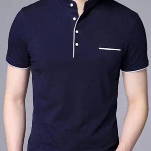 AUSK Men Solid Mandarin Collar Cotton Blend Navy Blue T-Shir...