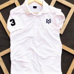MAFURD Men Solid Polo Neck Cotton Blend White T-Shirt