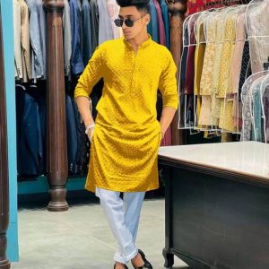 KURTAFORMEN Men Chikan Embroidery Cotton Rayon Straight Kurta