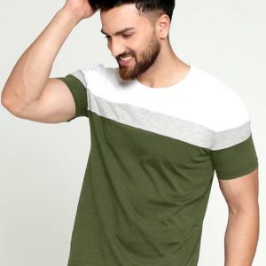 AUSK Men Colorblock Round Neck Cotton Blend Dark Green, Whit...