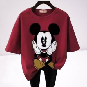 SIBBU Women Printed Round Neck Pure Cotton Maroon T-Shirt