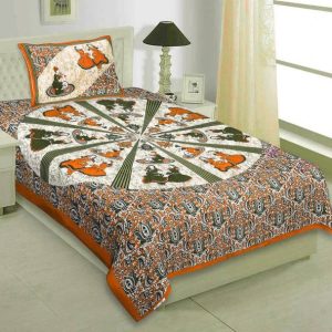 BharatLinen 144 TC Cotton Single Jaipuri Prints Flat Be...