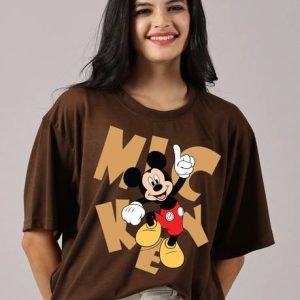 DISNEY by DreamBe Women Printed Round Neck Cotton Blend Brown T-Shirt