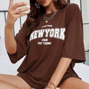 HELL BOUND Women Printed Round Neck Pure Cotton Brown T-Shirt